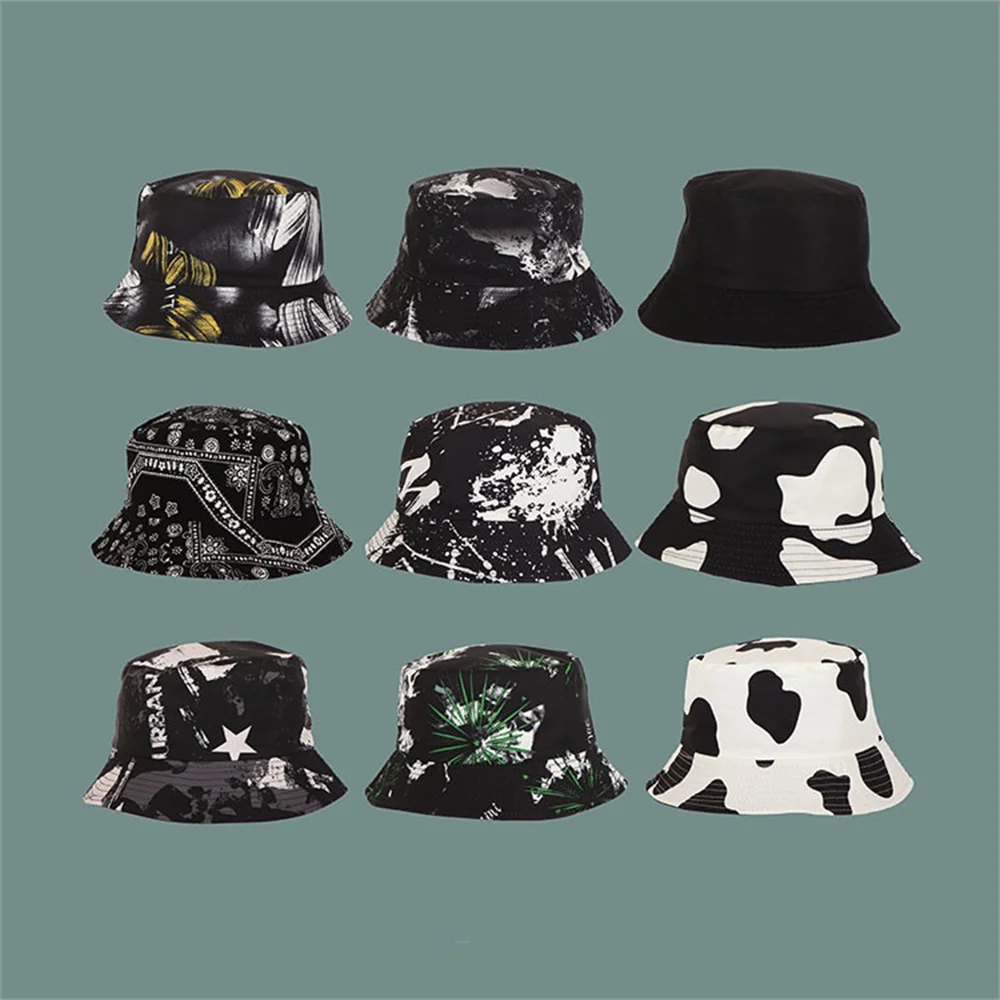 

Fashion Korean hip-hop Bucket Hats Harajuku graffiti Print Outdoor double-sided Sun Hats beach dance Trend Unisex Fisherman Cap