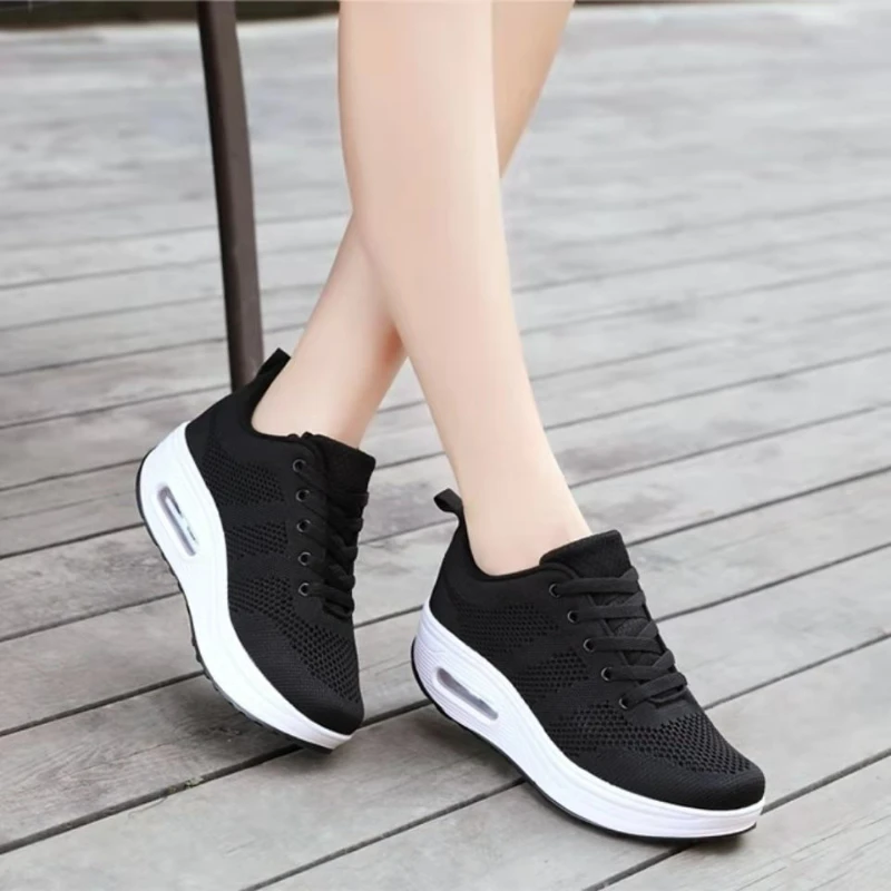 

New Korean Women's Shoes Thick-soled Flying Woven Air-cushion Shoes 2022 Casual Inner Heightening Women's Shoes Platform Shoes