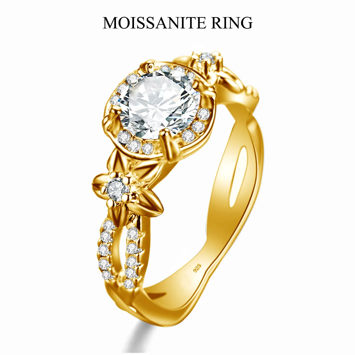 

Кольцо женское из серебра с покрытием из золота 18 К, с мусанитом