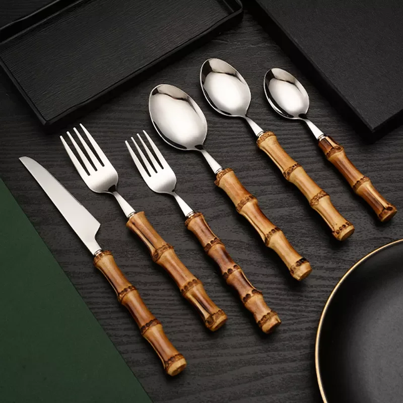 

Stainless Steel Tableware Bamboo Handle Steel Upscale Cutlery Steak Knife Dessert Spoon Dinnerware Sets Home Forks Spoons Knives