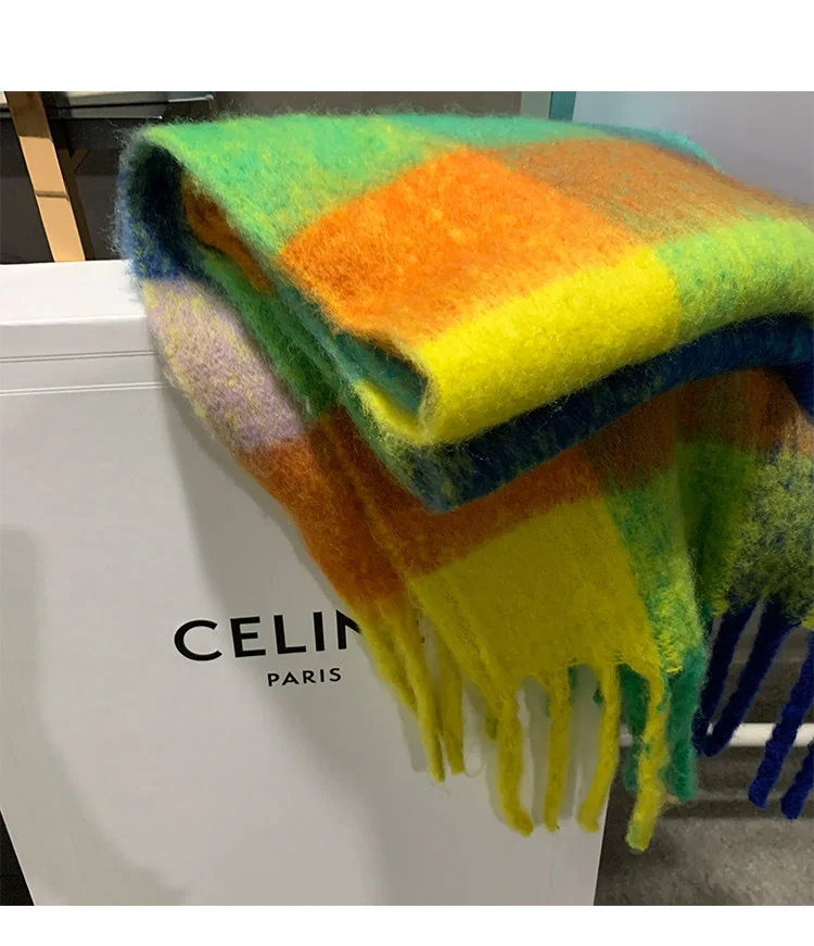 

INS Rainbow Scarf Women's Autumn Winter Long Style Imitation Cashmere Plaid Versatile Shawl Purpose Thickened Warm Neck W271