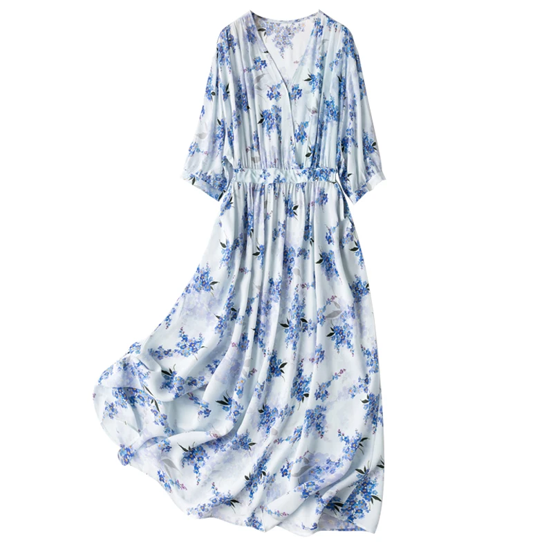 

Natural Silk New 2022 Summer Thin High Quality Sundresses V-Neck Mid-Calf A-LINE Bohemian Vestido Midi Elegante