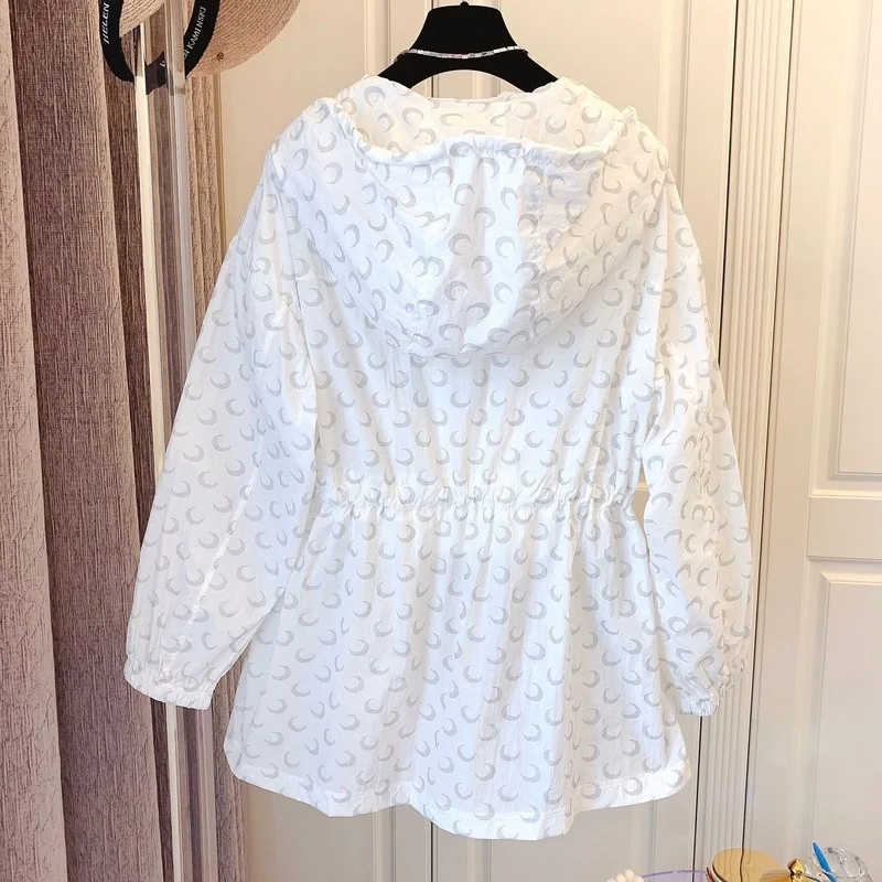 

Mid Length Casual Moon Print Jacket Autumn Thin Sunscreen Shirts Cardigan Drawstring Waist White Blouse Women Loose Outwear