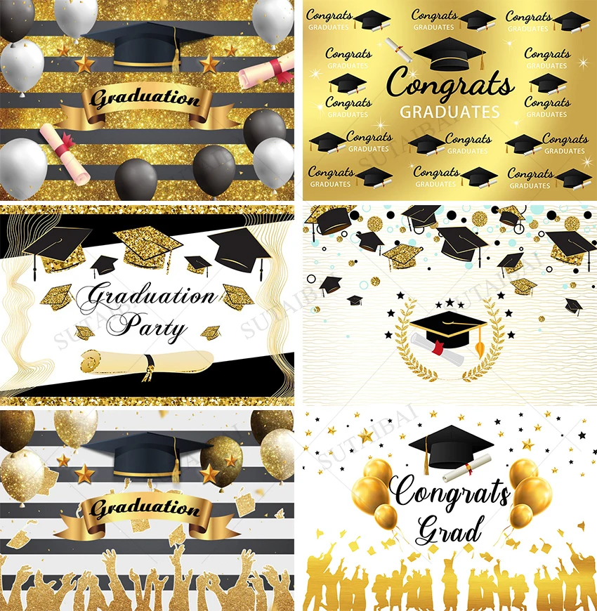 

Gold Glitter Graduation Party Backdrop Balloons Bachelor Cap Decorate Celebration Suppiles Banner Booth Photographic Backgrounds