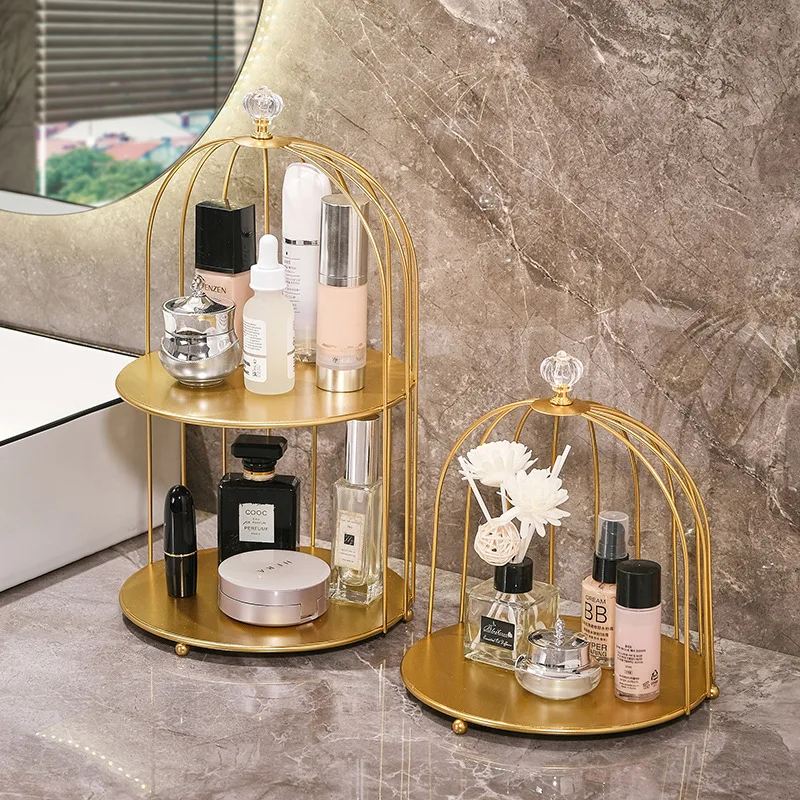 

European Cosmetics Bathroom Tray Stand Storage Rack Crystal Metal Sundries Storage Tray Desktop Bird Cage Rack Home Decoration