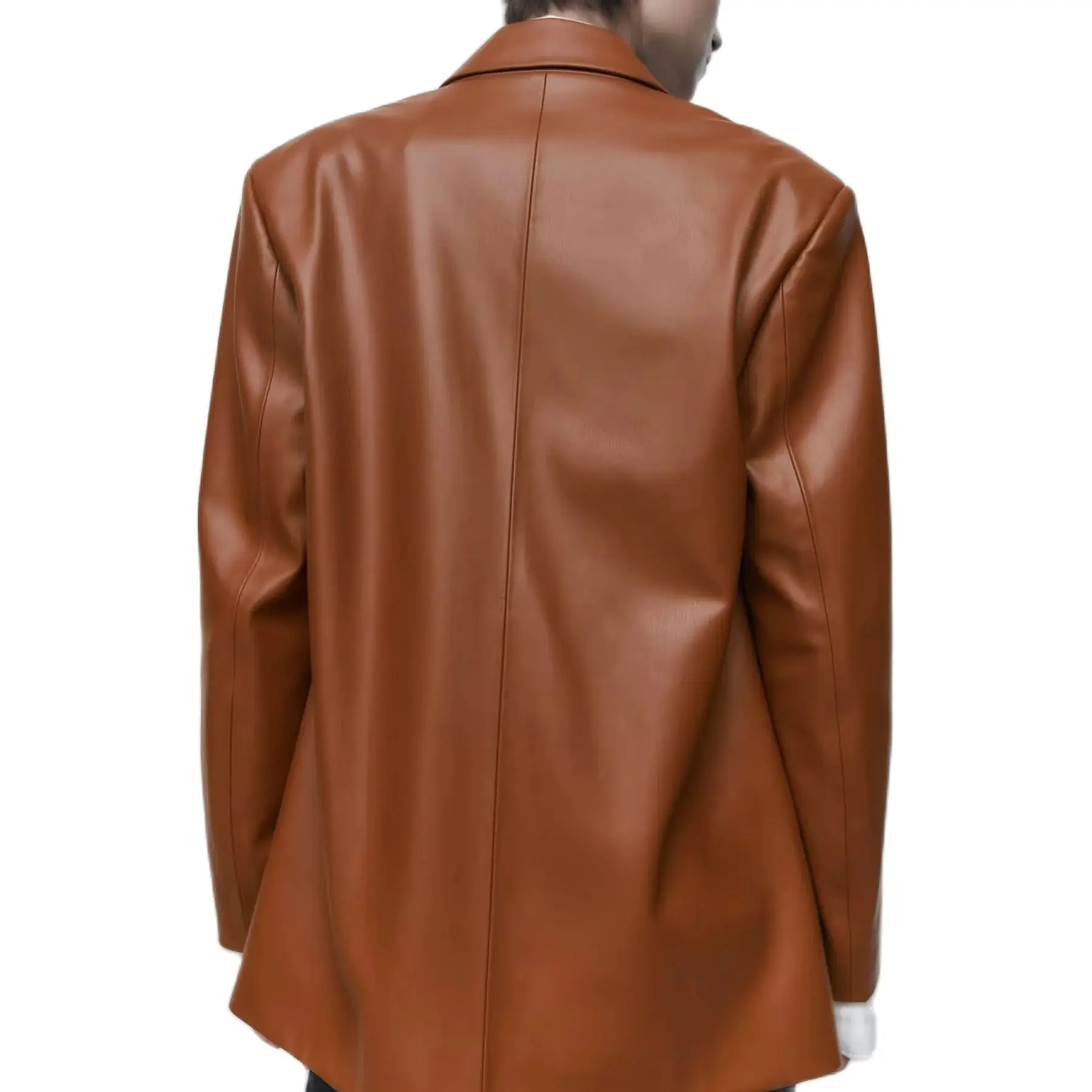 Spring And Autumn Women's Orange Faux Leather Single-Breasted Pocket Design Loose Blazer Fashion Senior Street Style