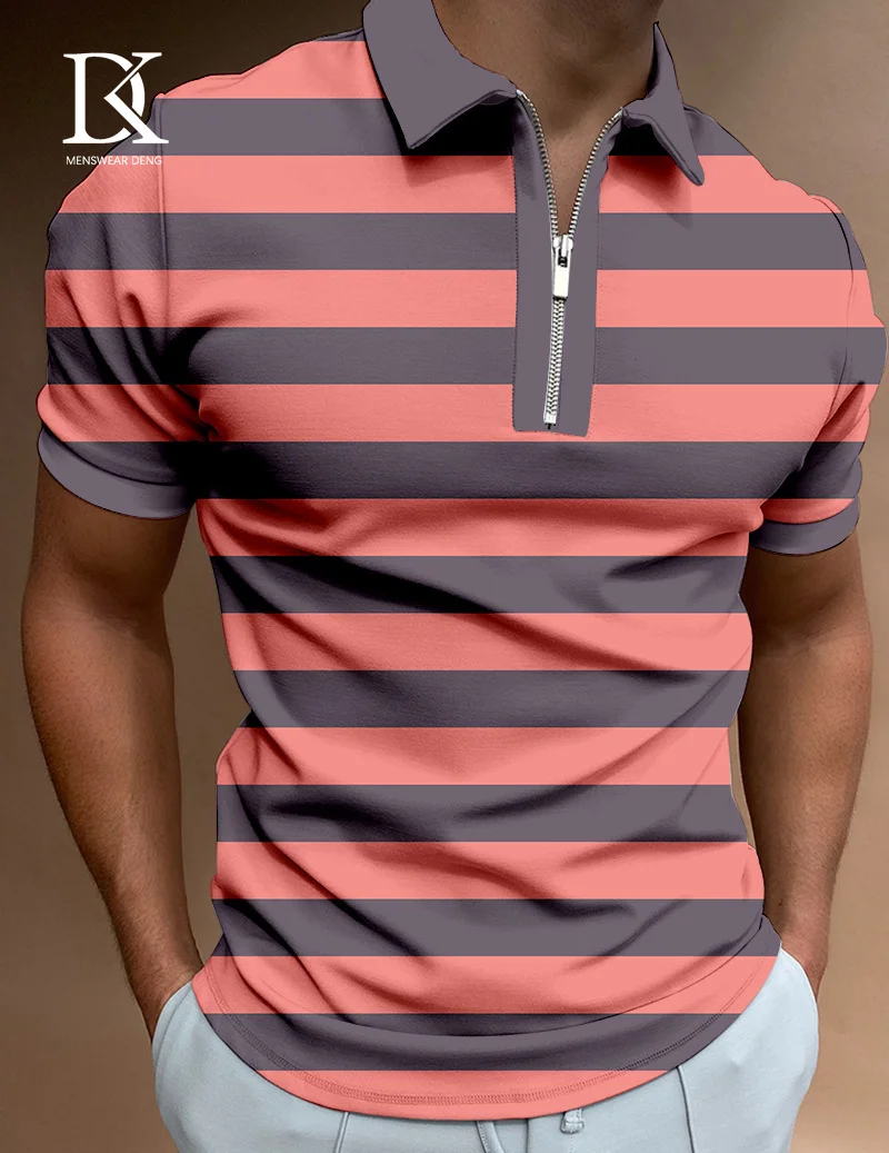 

2023 High Quality Polo Shirt Striped Printing Casual Oversized Tops New Summer Men's Short Sleeve Lapel T-shirts for Men