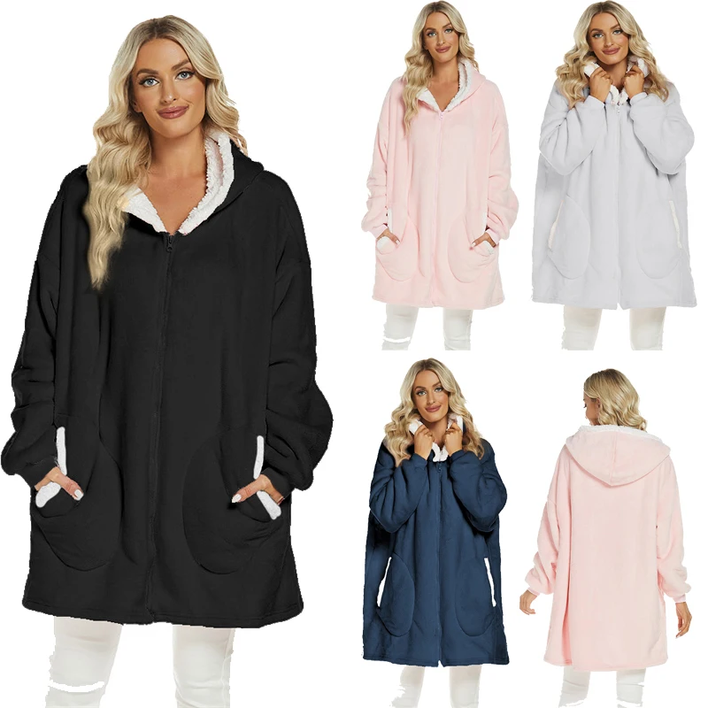 

Adult Wearable Blanket Hoodie Long Sleeve Zipper Blanket Oversized with Pocket Cozy Soft Warm Plush Hooded Blanket for Women Men