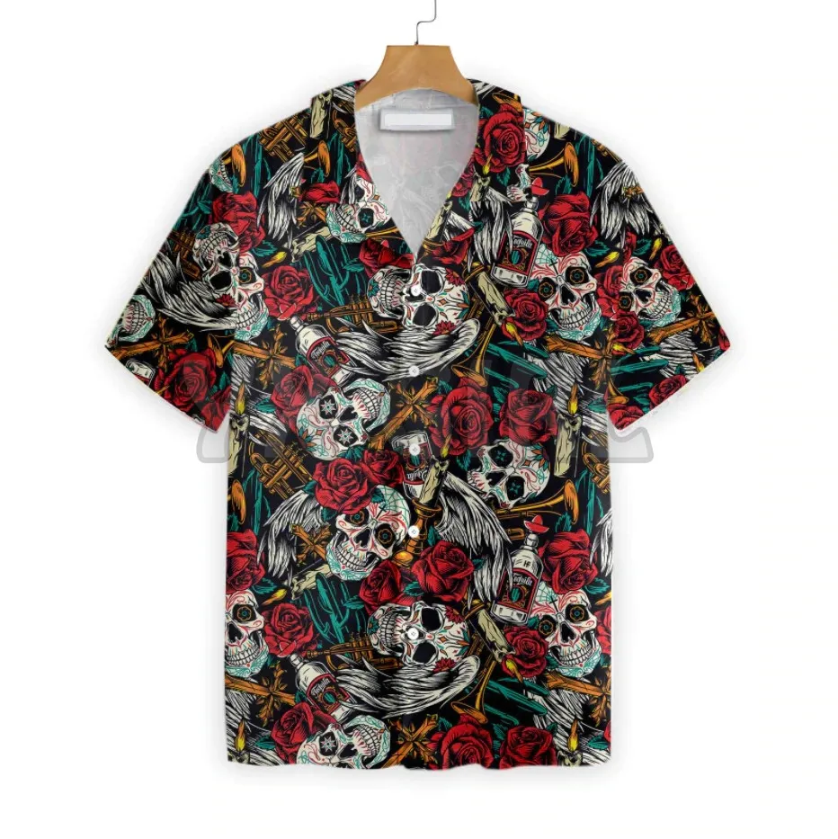 Day Of Dead Sugar Skull And Guitar 3D All Over Printed Hawaiian Shirt Men's For Women's Harajuku Casual Shirt Unisex