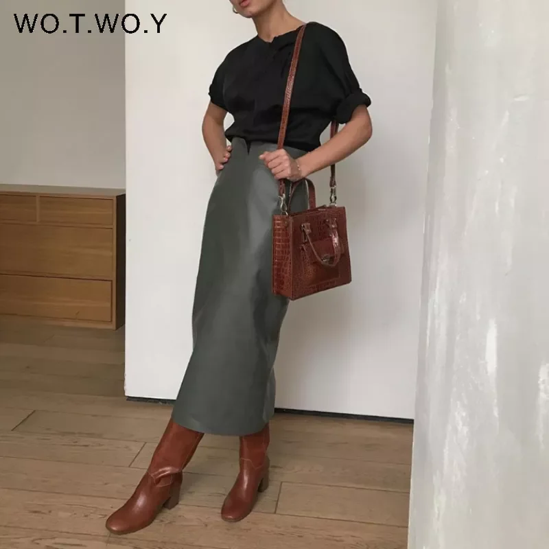 

WOTWOY Office Lady High-Waisted Leather Skirt Women Spliced Mid-Long Wrapped Pencil Skirt Female Zipper-Up Solid Autumn Skirts