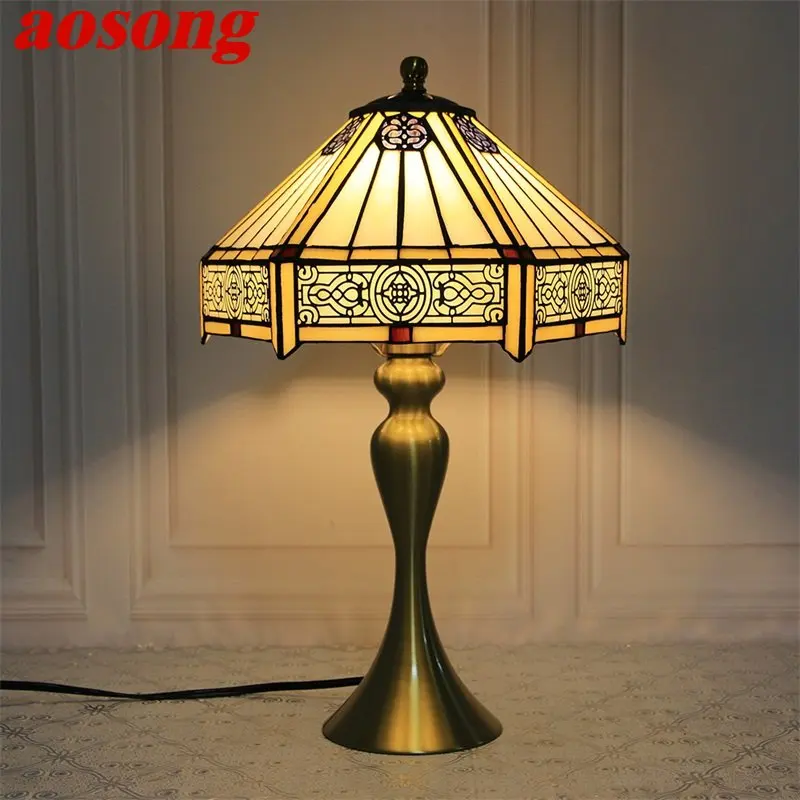 

AOSONG Tiffany Glass Table Desk Lamp LED Creative European Retro Beside Light Fashion Decor For Home Study Bedroom Hotel