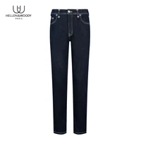hellenwoody 2022 spring and autumn men dark blue long length jeans classic slim fit topline micro elastic straight waist pants