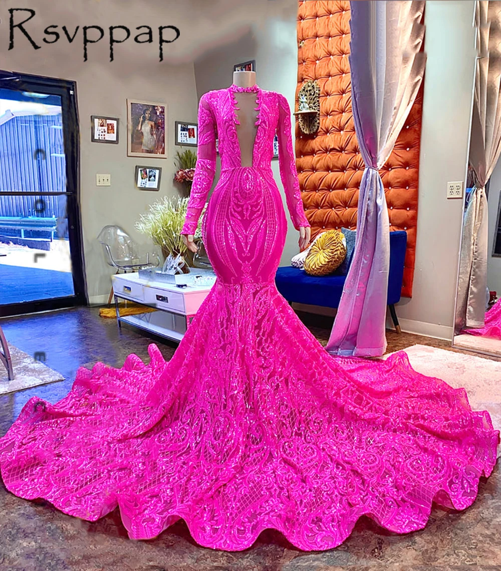 

Hot Pink Mermaid Long Prom Dresses 2022 African Black Girl Long Sleeves Sparkly Sequin Luxury Party Prom Dress