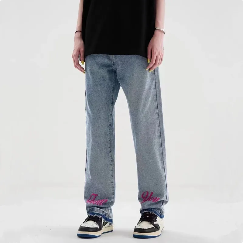 2022 Kpop Letter Embroidery Hip Hop Goth Jeans For Men Y2K Pants Elegant Straight Women Casual Denim Trousers Vaqueros De Hombre