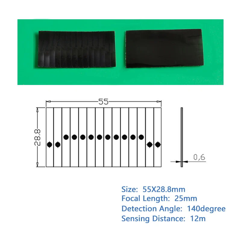 

55x28,8 мм, черные линзы с линзой Френеля из полиэтилена высокой плотности, расстояние обнаружения 12 м, фокусное расстояние 25 мм