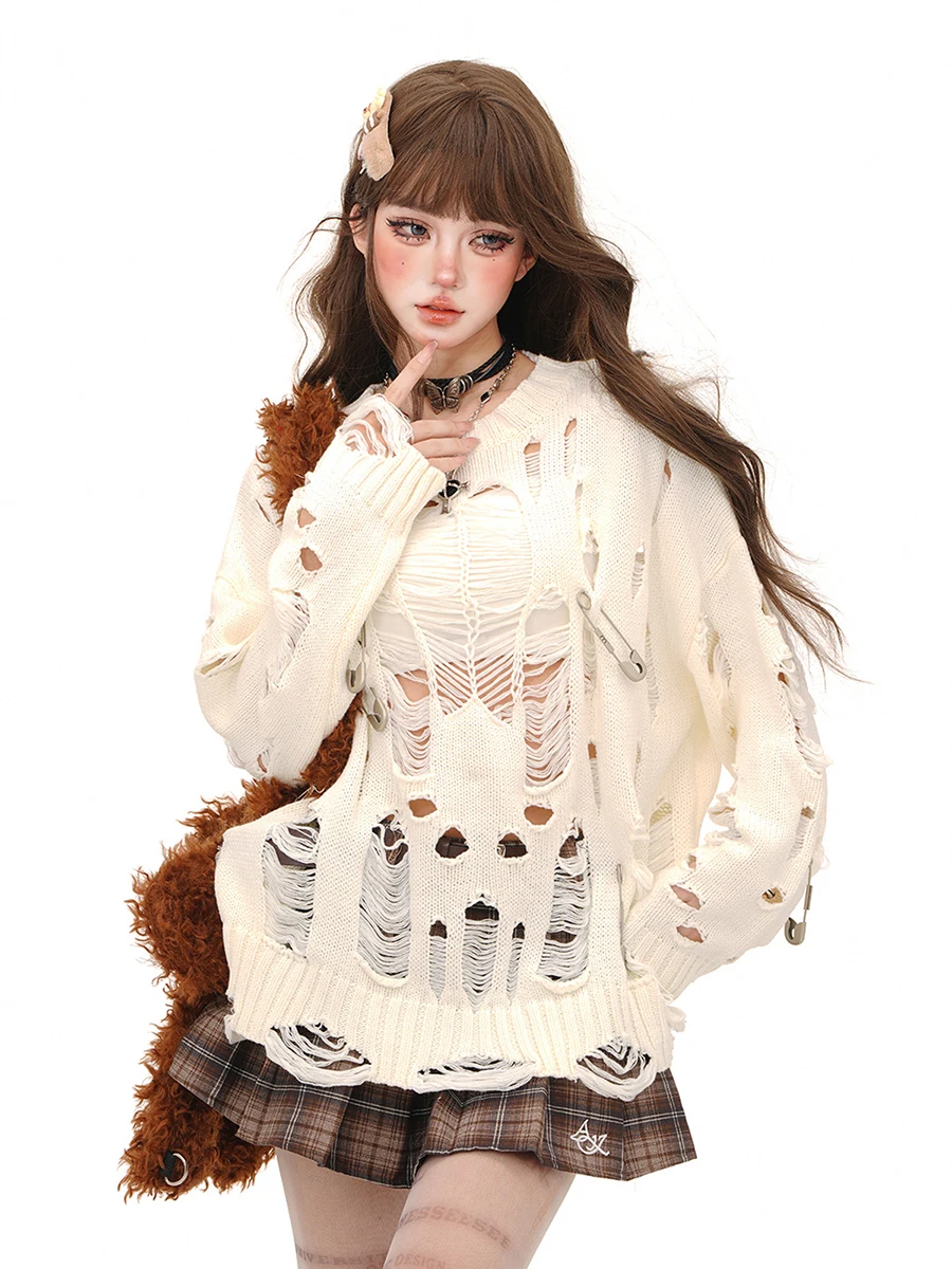 ReddaChic женский ажурный джемпер с большими булавками осенний однотонный длинными