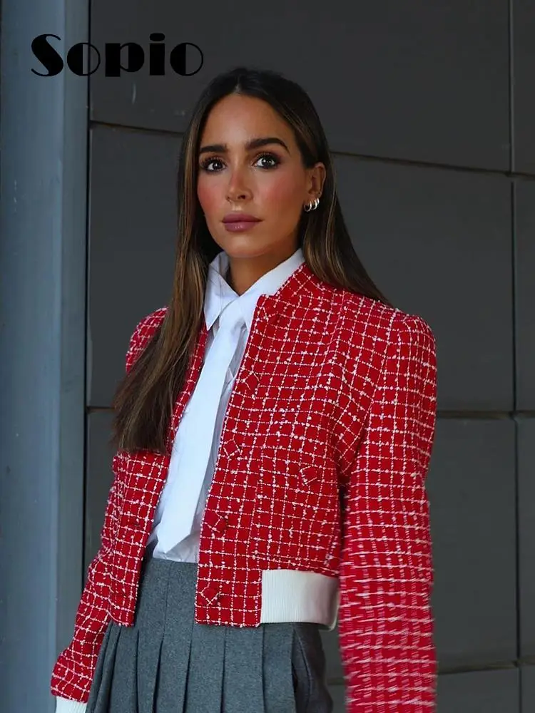 

Женская однобортная куртка-бомбер, элегантная клетчатая куртка-бомбер с длинным рукавом и V-образным вырезом, винтажная верхняя одежда, осень 2023