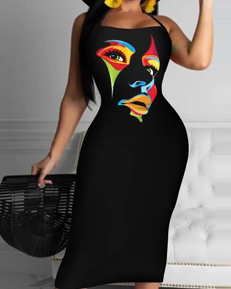 

Abstract Figure Print Spaghetti Strap Bodycon Dress Chic Fashion Summer Daily Form-fitting Casual Scoop Neck High Style