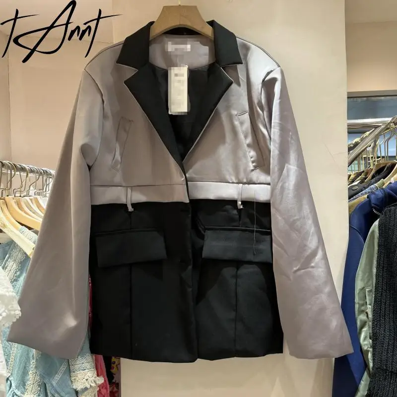 

Tannt Women Blazer Patchwork Asymmetry Gray Oversize Winter Jacket Coats Irregular Color Matching Suit Coats Women 2023 New