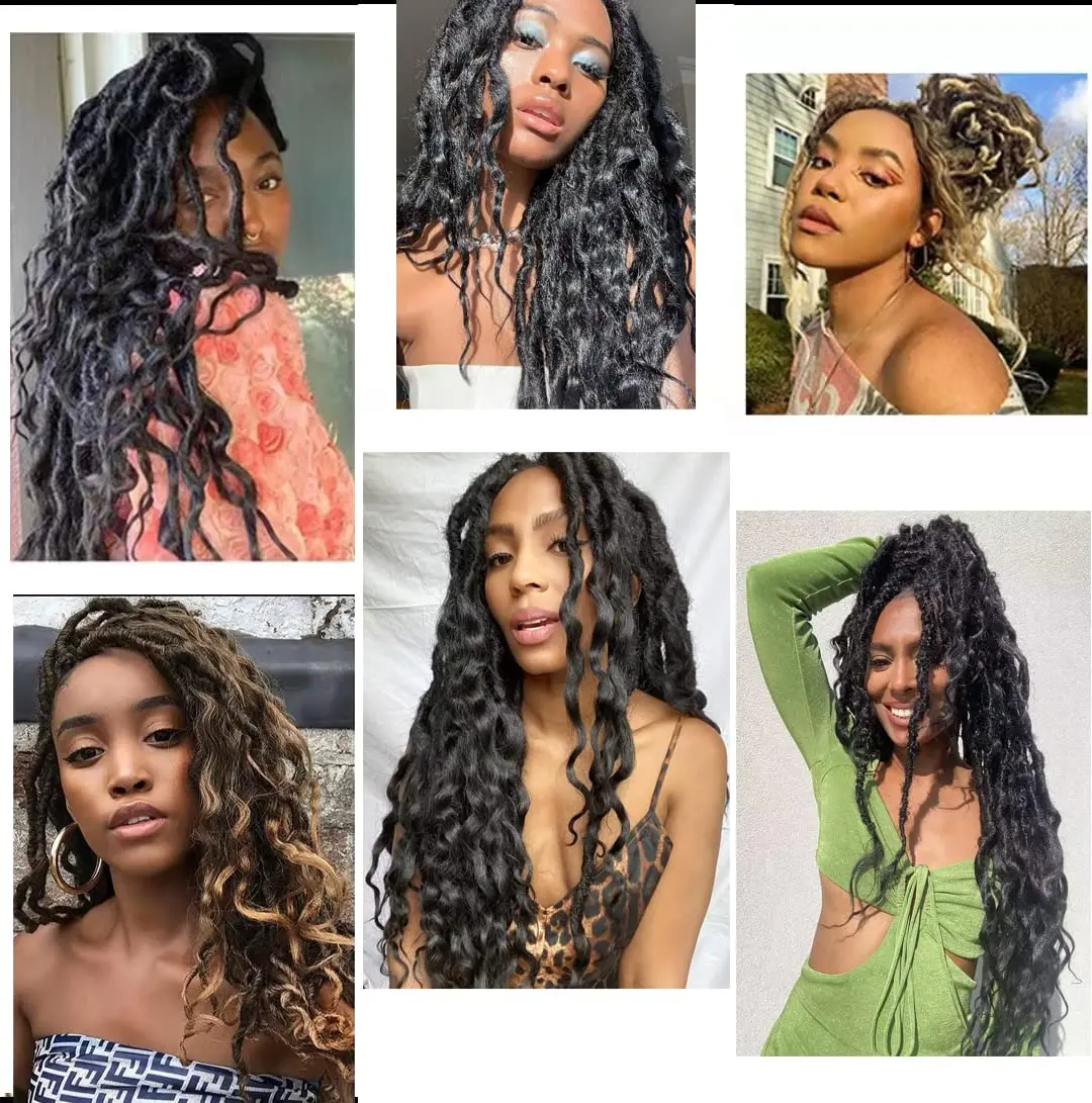 Synthetic Goddess Faux Locs Curly Braids Crochet Ends 24Inch New Soft Wavy Crochet Locs Crochet Braiding Hair Extensions images - 6
