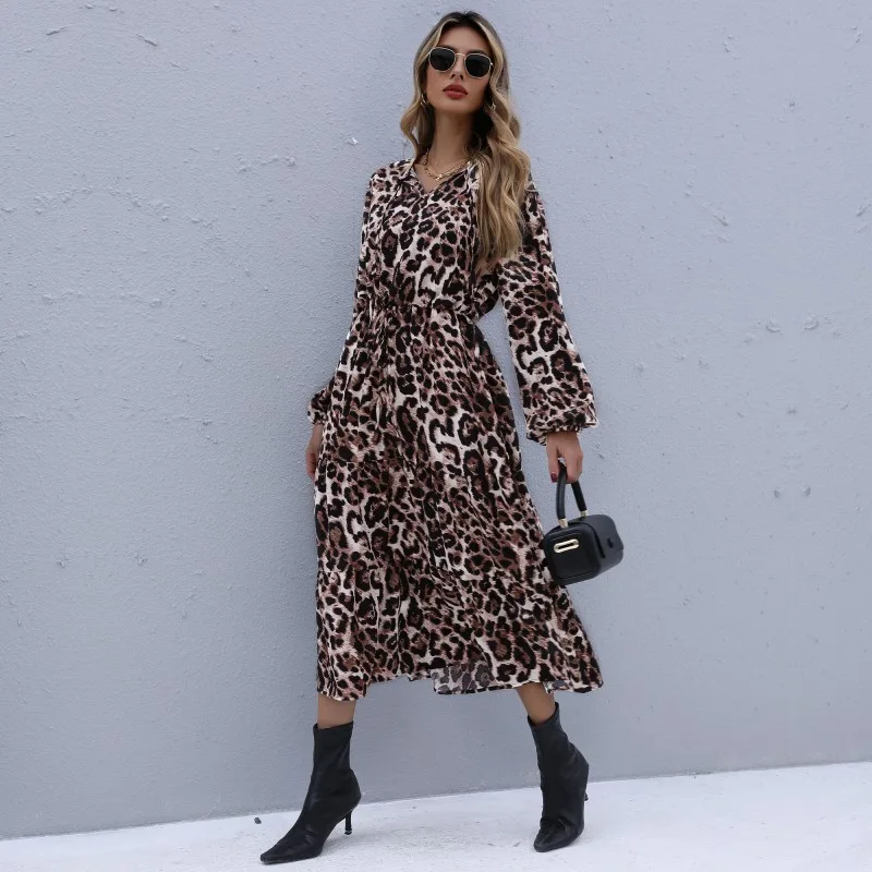

Women Chiffon Long Dress Leopard Print Lantern Sleeve A-line Vestidos Autumn New Elegant Vintage V Neck Winter Dresses