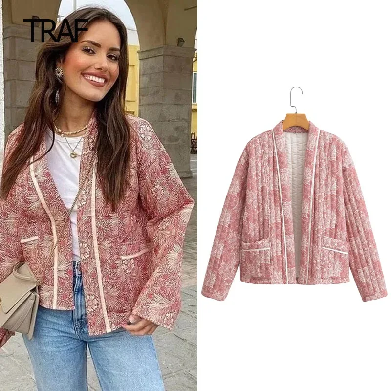 

Женская короткая стеганая куртка с длинным рукавом, с принтом