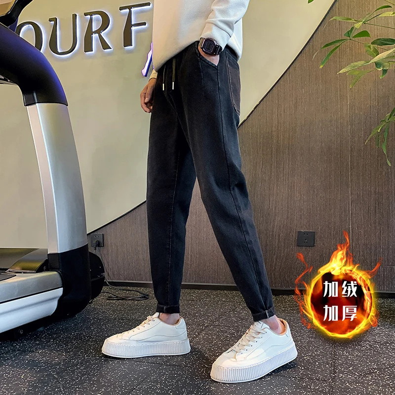 

Autumn Winter Thick Warm Casual Jeans Pants For Men Clothing 2022 Simple Slim Fit Black Denim Trousers Streetwear All Match 36
