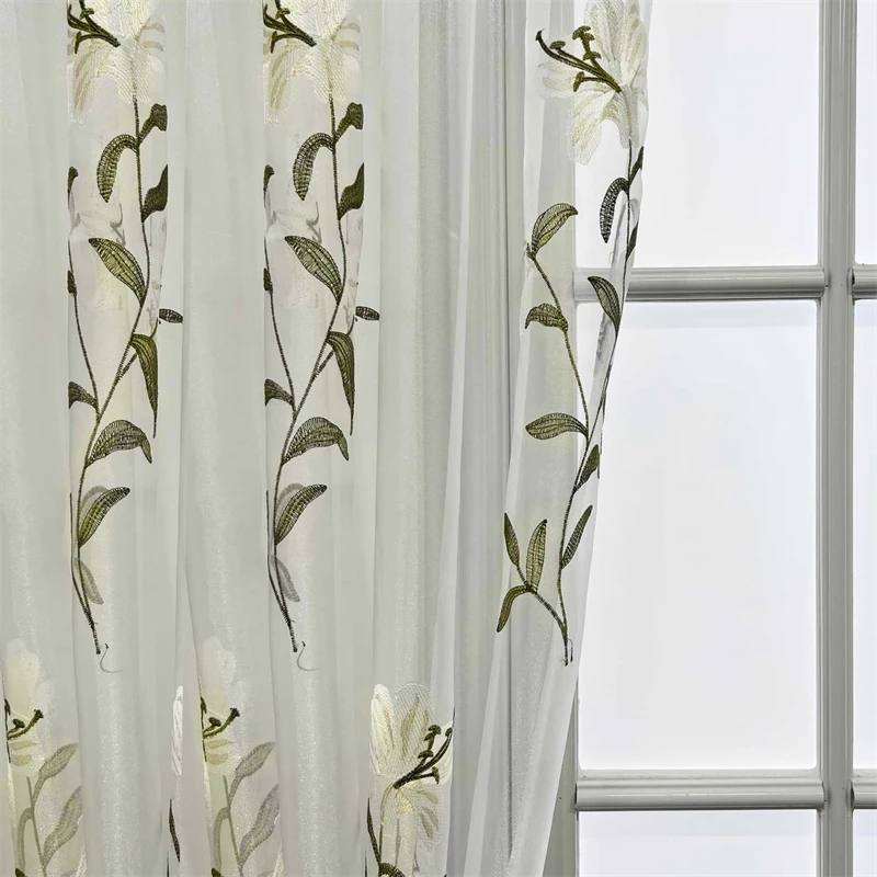 

White Floral Embroidered Green Leaves Sheer Tulle Curtains For Bedroom Living Room Balcony Window Drapes Elegant Voile Curtinas