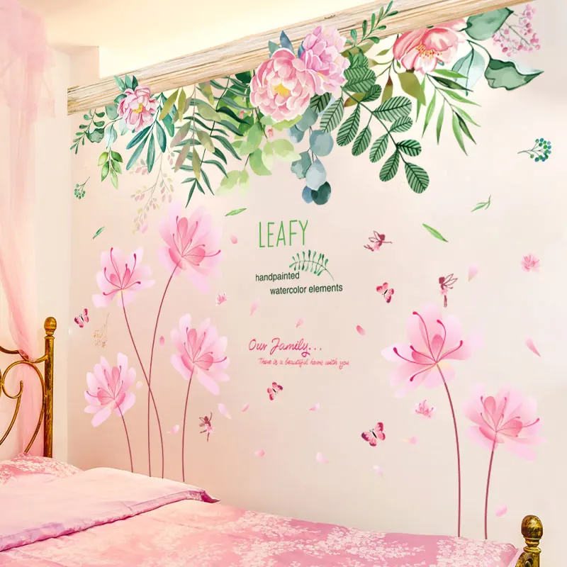 

Pink Flowers Plants Wall Stickers DIY Green Grass Wall Decals for Living Room Kindergarten Nursery Kitchen Home Decoration