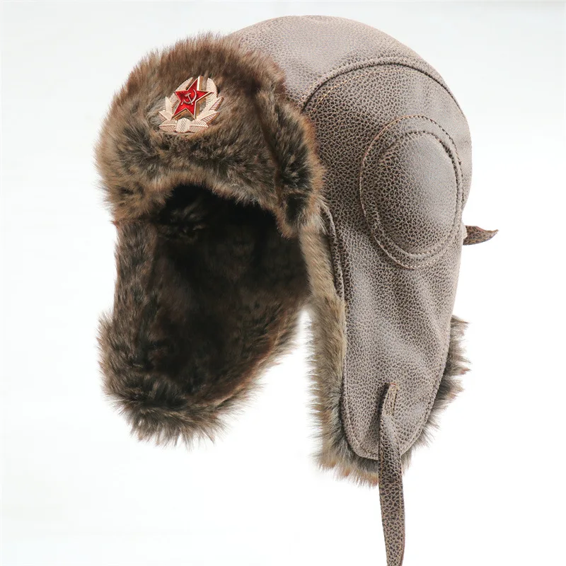 

Men's Winter Waterproof Soviet Badge Lei Feng Hats Russian Ushanka Hat Outdoor Warm PU Leather Thicken Windproof Snow Caps