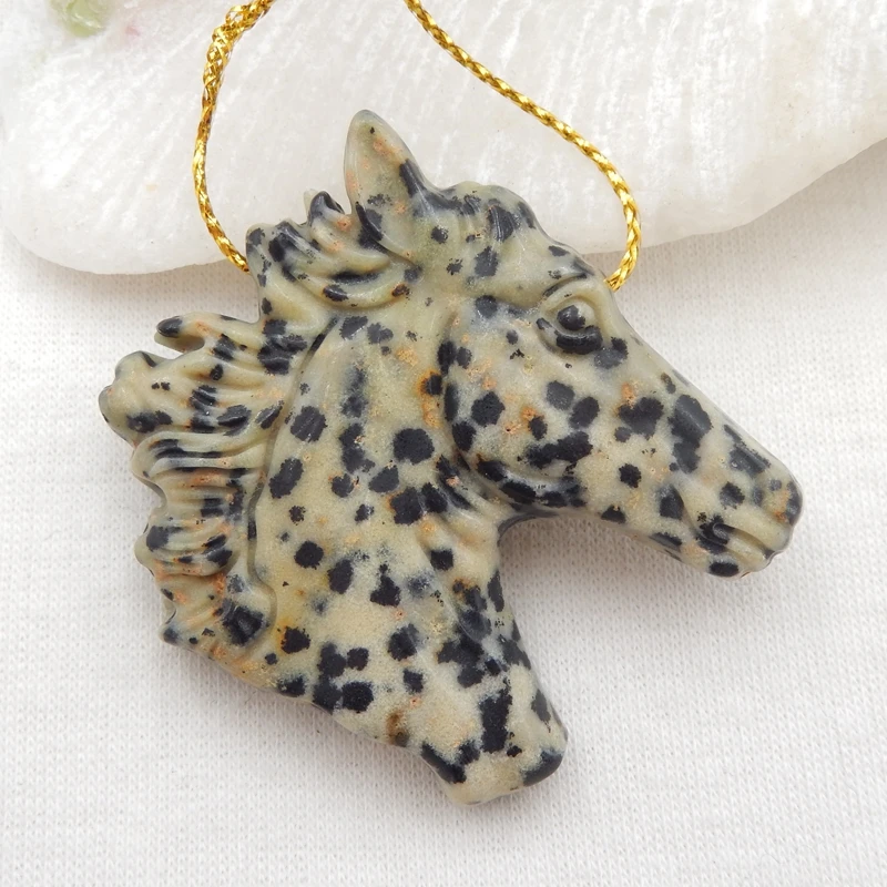 

Natural Dalmatian Jasper Carved horse head Charms Pendant Bead,Jewelry accessories,Jewelry Gift Gemstone 39x42x7mm，19.7g