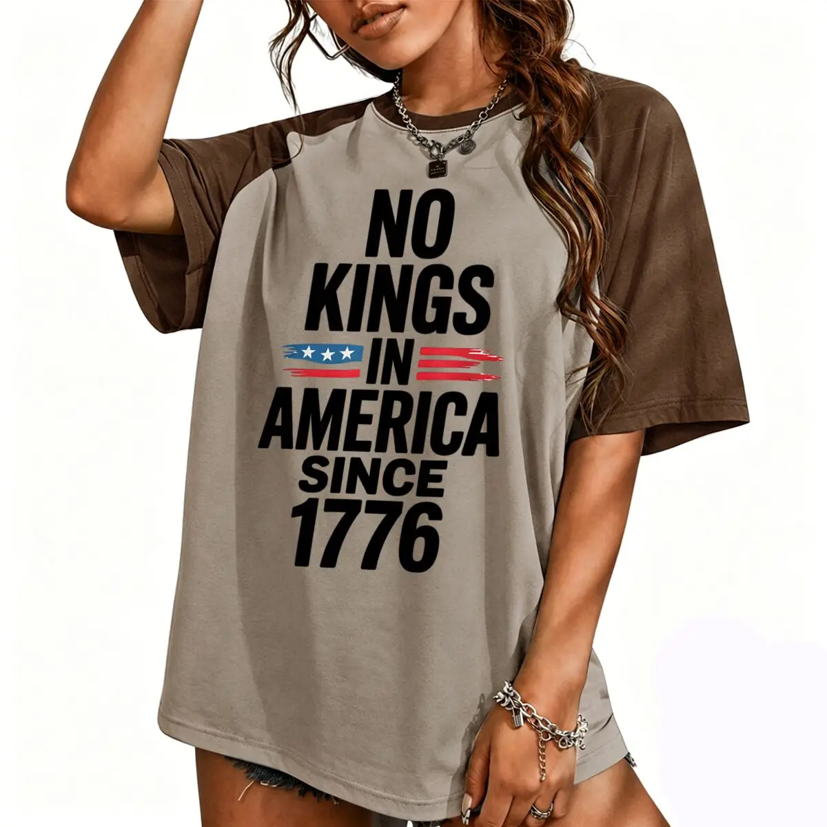 Фото Винтажная футболка с принтом «We The People Serve No Kings» (США), женская хлопковая футболка с коротким рукавом реглан, к 250-летию 4 июля №5