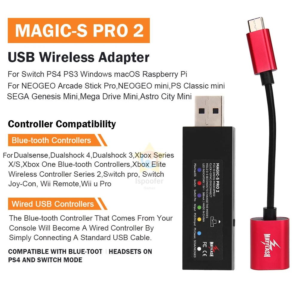 Беспроводной USB-адаптер Mayflash Magic-S Pro 2 для контроллеров PS4/PS3/Xbox One Nintendo Switch/PC/NEOGEO MINI -