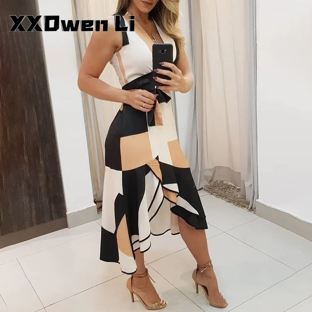 

Summer Fashion Splicing Printing Ruffle Midi Dress For Women 2022 Casual Sexy Deep V-neck Sleeveless Irregular Dresses Woman