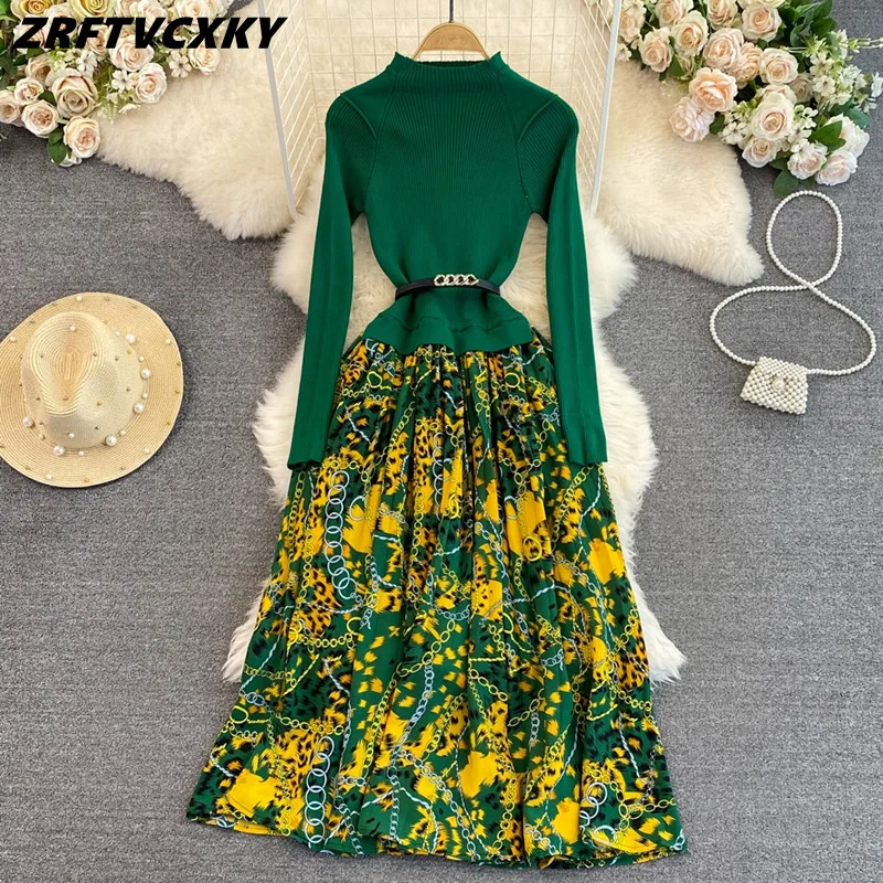 

Зимнее модное элегантное платье для женщин, новое вязаное зеленое облегающее Плиссированное длинное платье в стиле пэчворк с принтом, Vestidos Jurken Femme