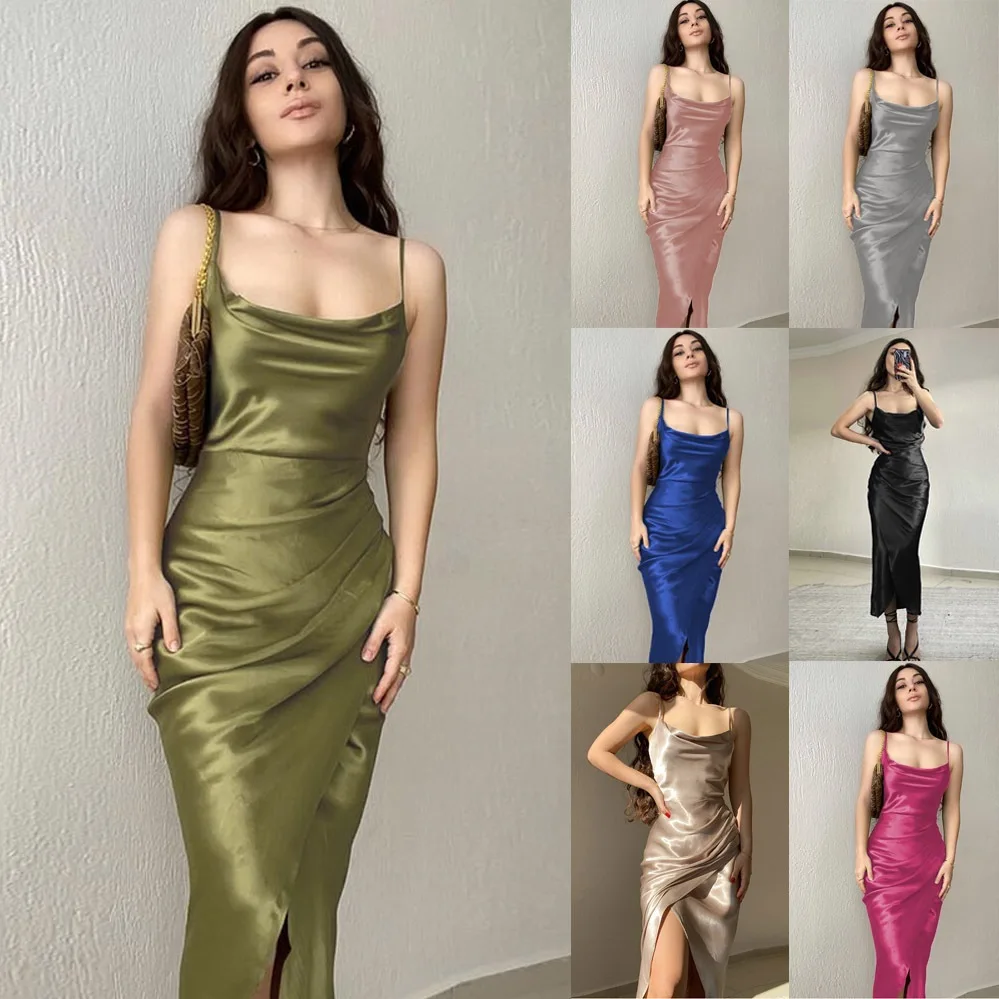 

2023 Sexy Low cut Satin Split Strap Dress New Slim Open Back Dress