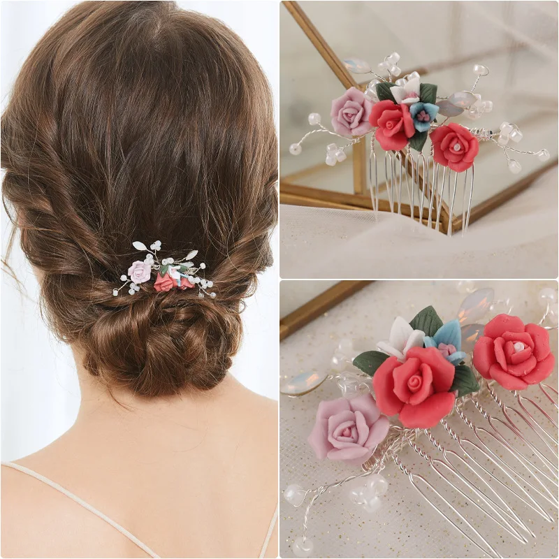 Ceramic Flower Bridal Hair Comb Hair Pin Set Wedding Women Hair Jewelry