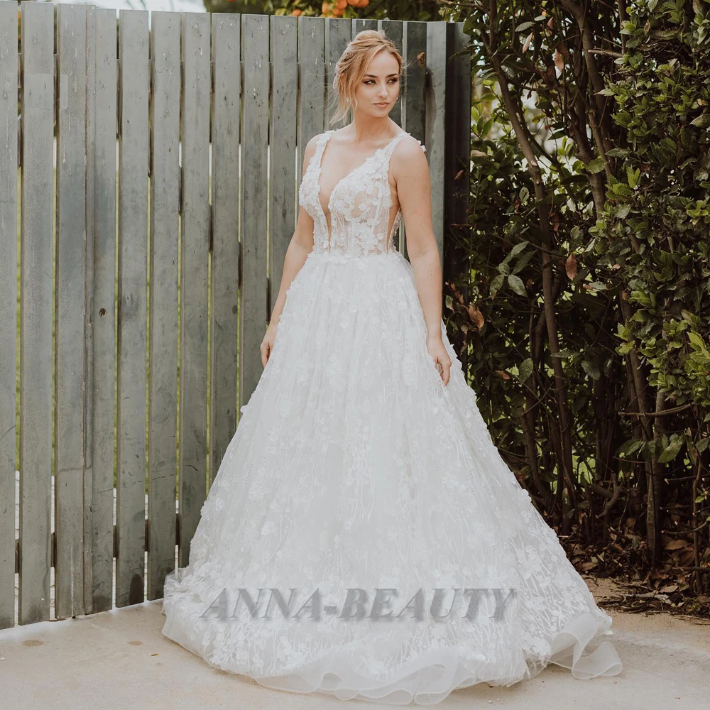 

Anna Fairytale Appliques A Line Wedding Dresses For Bride Tank Sleeveless Illuaion Backless Zipper Court Train Made To Order