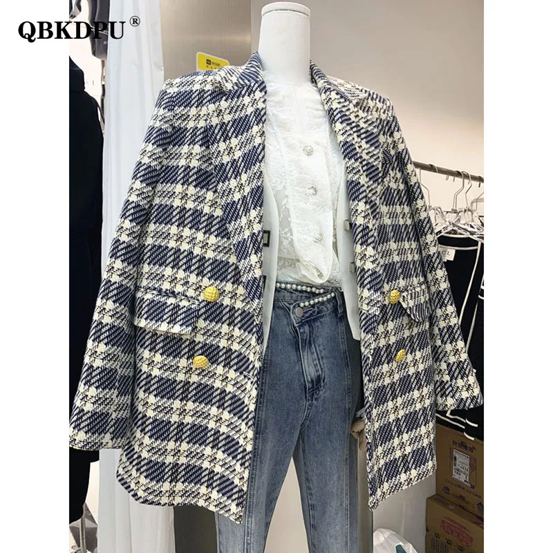 Korean Fashion Plaid Tweed Blazers Women Fall Vintage Double Breasted Quilted Cotton Suit Jacket Elegant Lady Chic Coat 2023 New