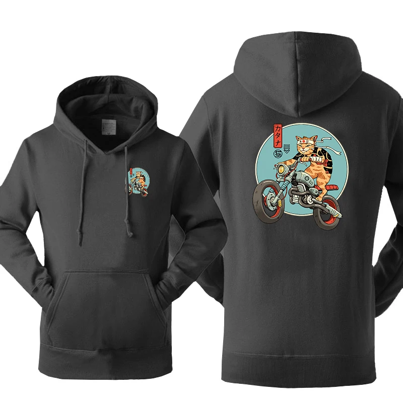 

Ukiyo-E Style Samurai Cat Riding A Motorcycle mans Hoody Trend Hooded Sweatshirt Street Casual Sportswear Quality Loose Male Top