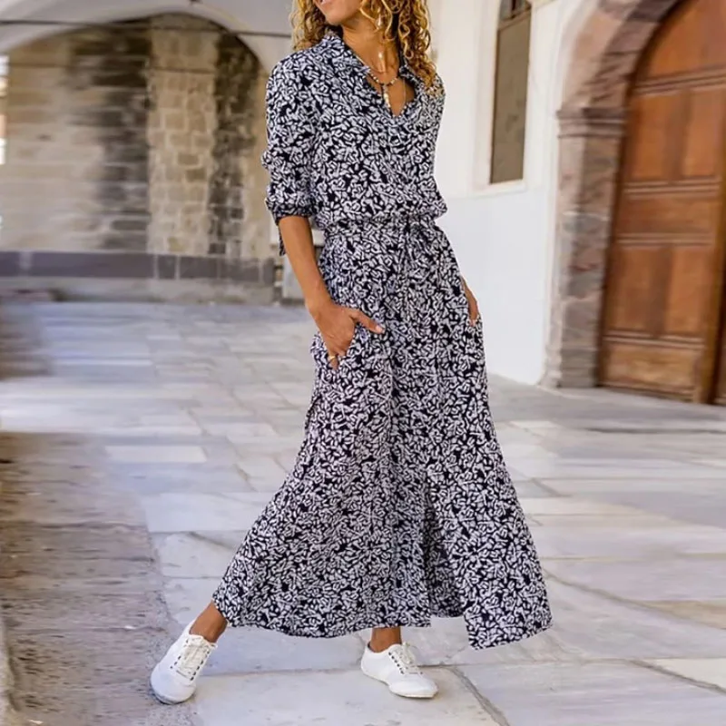 

Spring/Summer Fashion Lace-up Spotted Print Dress Women's Casual Casual Daily Work Dress Stand Collar V-neck Beach Party Dress