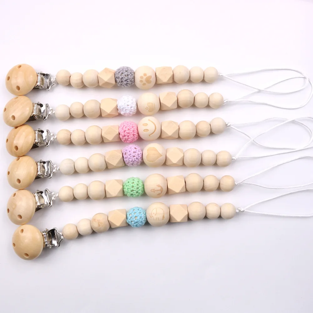 

Baby Pacifier Clips Safe Beech Beads Wood Clip Dummy Nipple Holder Teething Chain Babies Soother Teether Chew Toys Newborn Gift