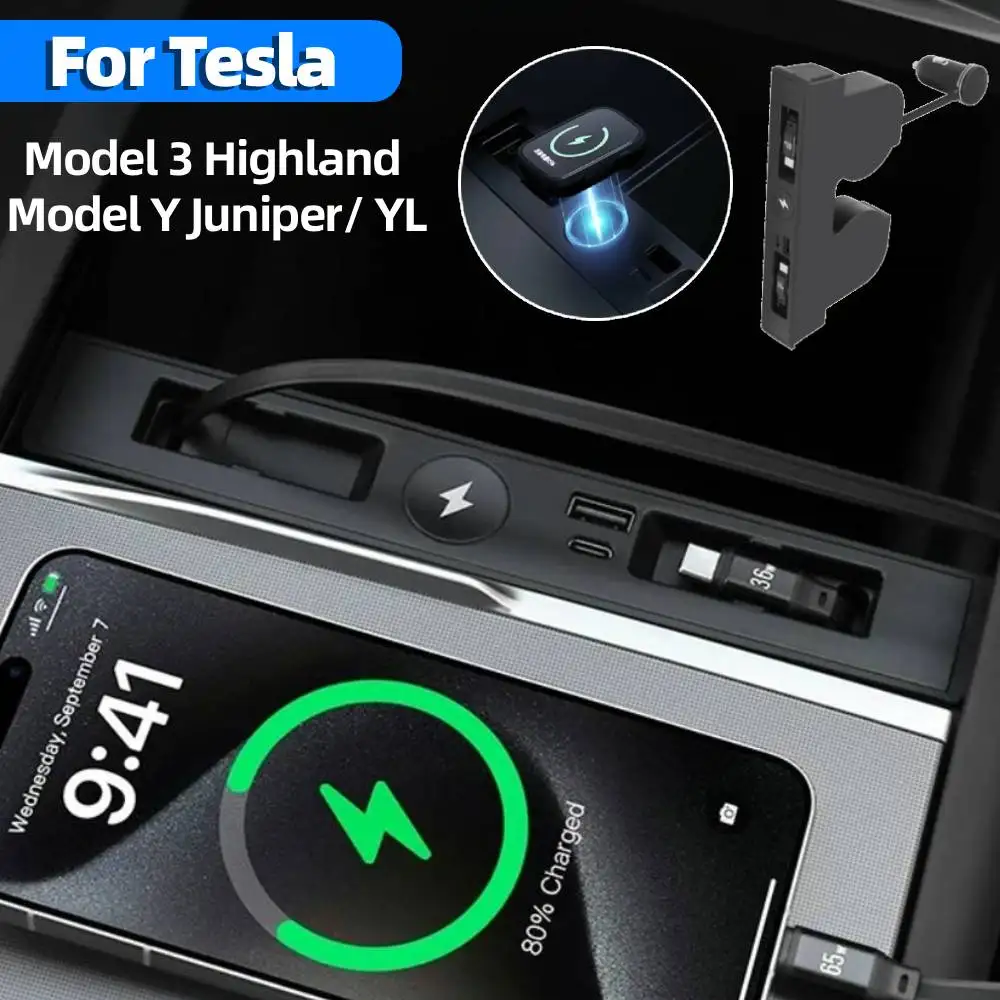 Фото Для Tesla Juniper Model Y/YL/3: Выдвижная док-станция для центральной консоли электромобиля с беспроводной быстрой зарядкой для часов №1