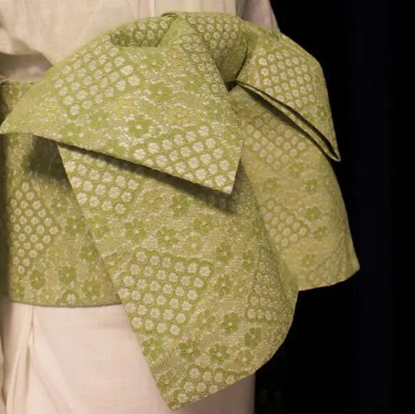 Japanese Kimono Girdle Traditional Women's Belt Bow-knot Avocado Green Jacquard Vintage Waistband