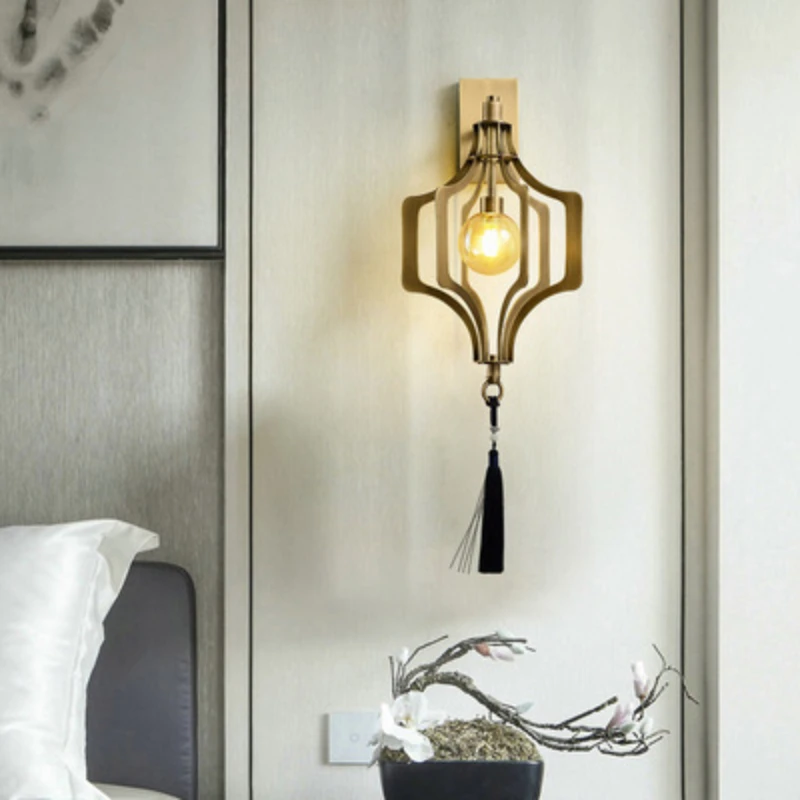 

Postmodern New Copper Chinese Lantern Wall Light Lamp Sofa Living Room Bedroom Scone Wall Light