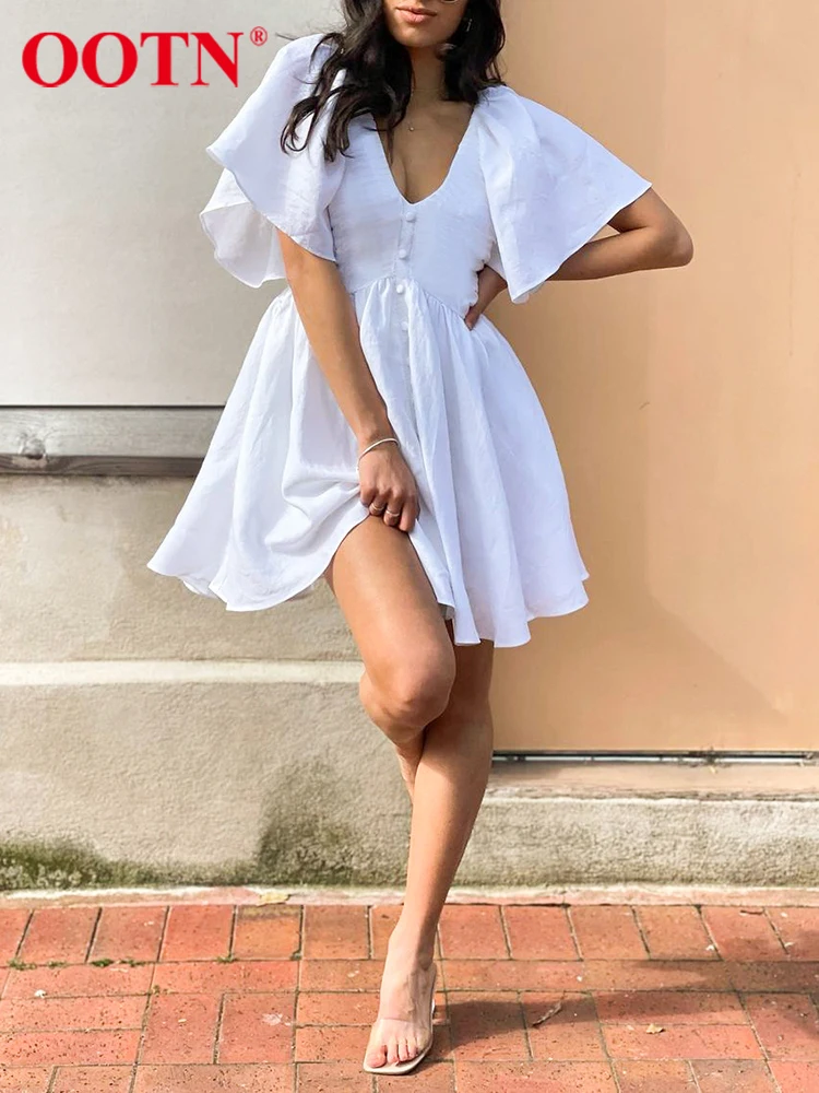 

Женское пляжное платье OOTN, летнее платье из хлопка и льна с низким вырезом, однобортное мини-платье трапециевидной формы с расклешенными ру...