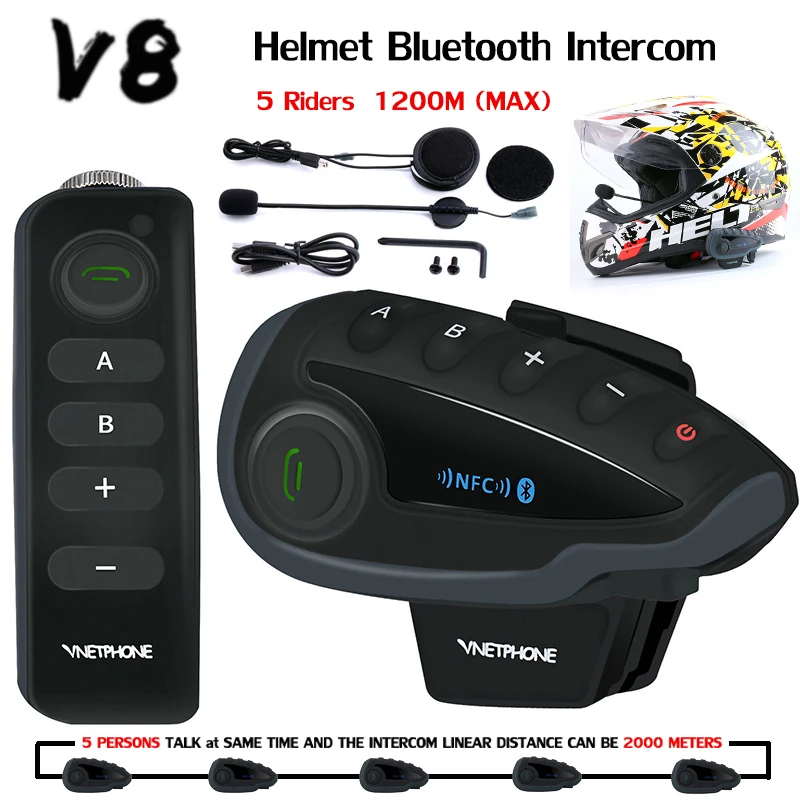 

Vnetphone V8 Motorcycle Helmet Headset 1200M Bluetooth Intercom Headset Full Duplex for 5 Riders NFC Remote Control + FM Radio