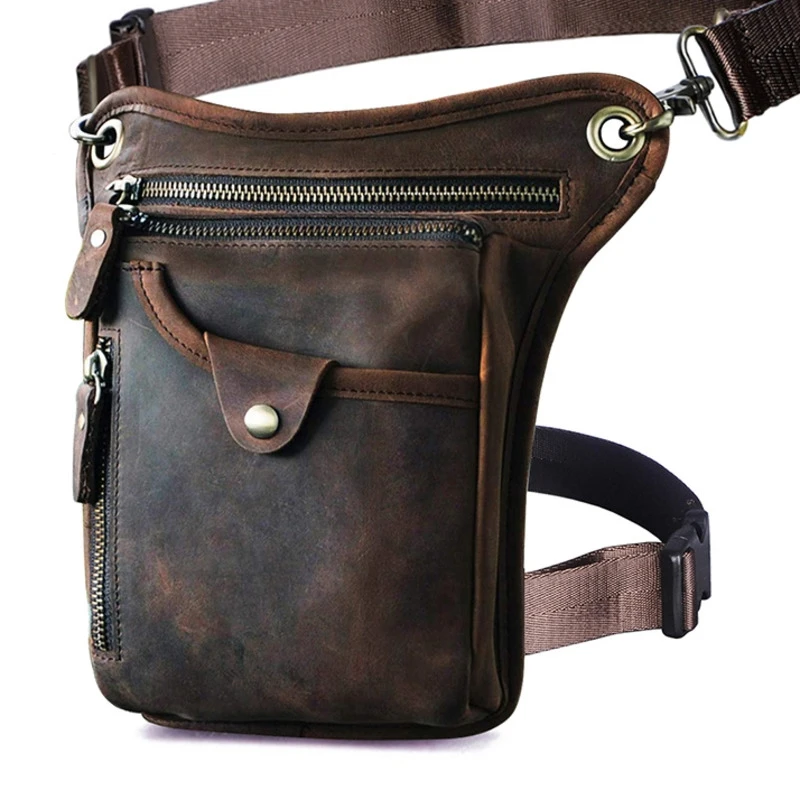 

Thick Crazy Horse Leather Men Design Casual Coffee Classic Shoulder Sling Bag Fashion Travel Fanny Waist Belt Pack Leg Bag 211-5