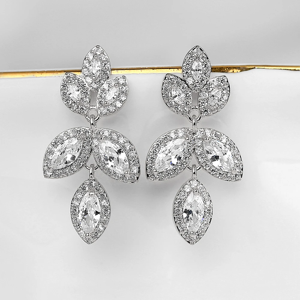 

JUNZI Fashion Elegant Leaf Cubic Zirconia Dangle Earrings for Women Charm Silver Color Crystal Birthday Jewelry Engagement Gifts