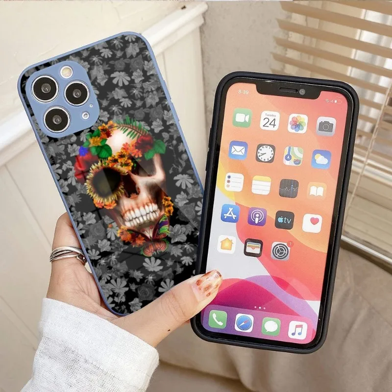 

Чехол для телефона с изображением черепа для IPhone 14, 13, 12, 11 Pro Max, X, XR, XS, 8, 7 Plus, цветной чехол из жидкого стекла